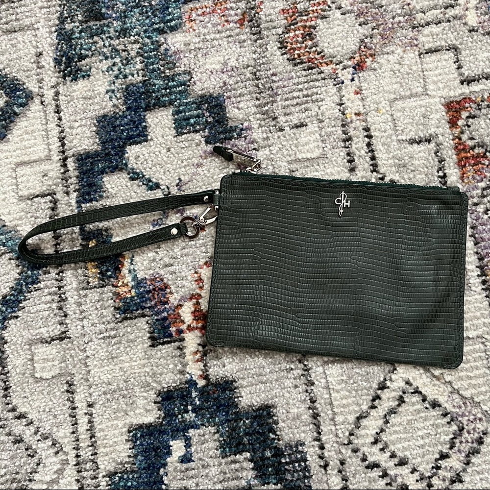NWOT Cole Haan Dark Green Snakeskin Print Leather Wristlet